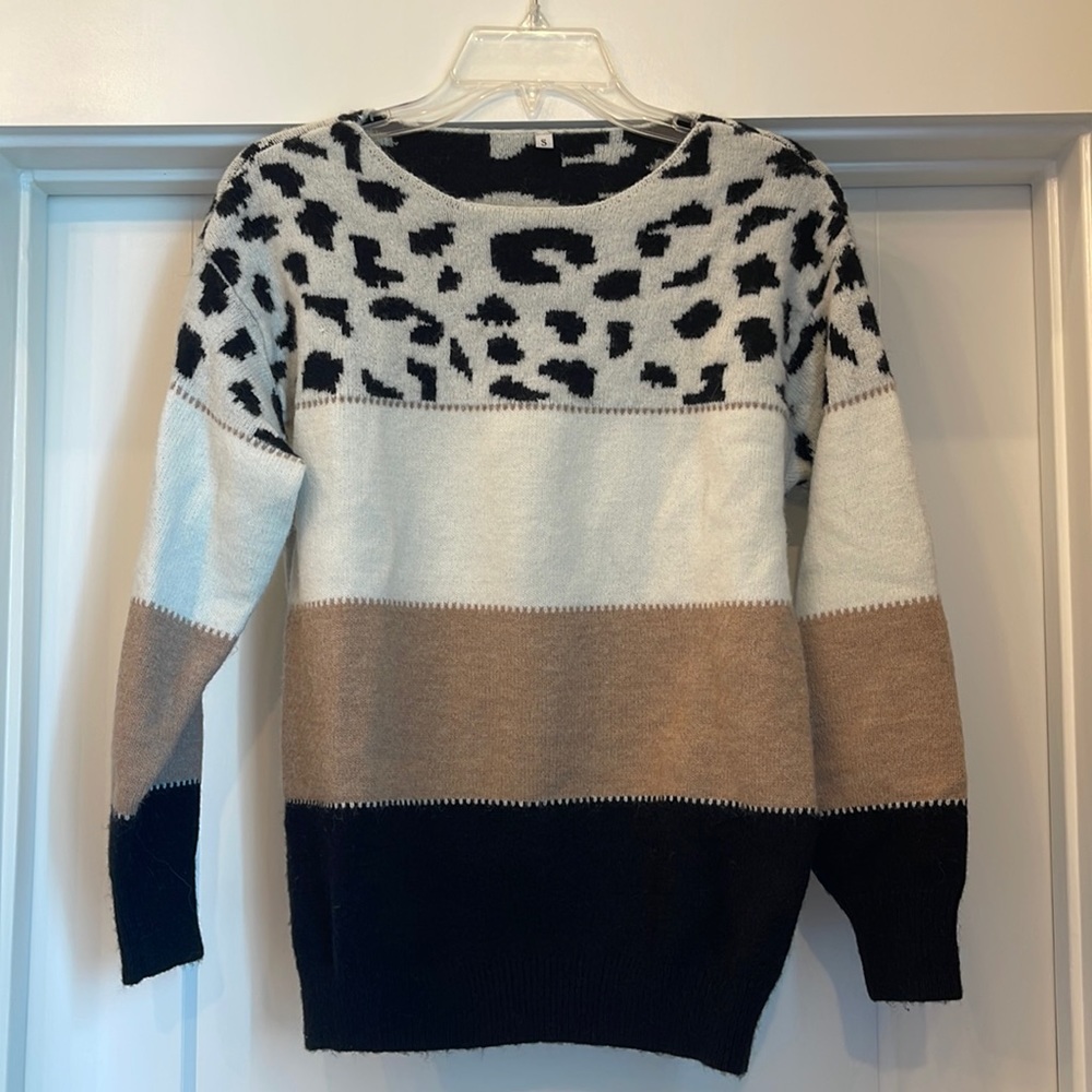 Women’s color blocked sweater - black/tan/cream/b&w leopard
